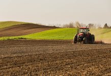 Farmer in tractor preparing land with seedbed cultivator