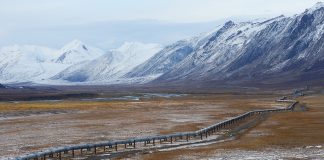 Oil pipeline in Alaska with mountain range