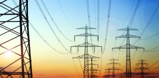 Electric transmission lines at dusk