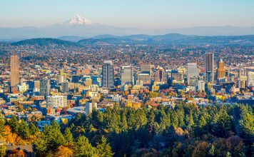 City of Portland Oregon and Mount Hood in Autumn