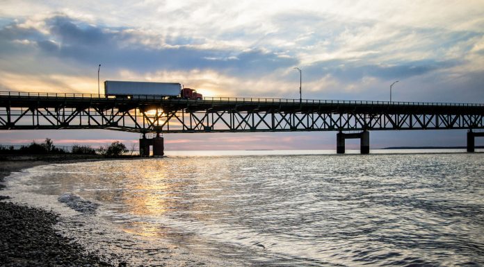 Semi Truck Crossing the Mackinaw Bridge